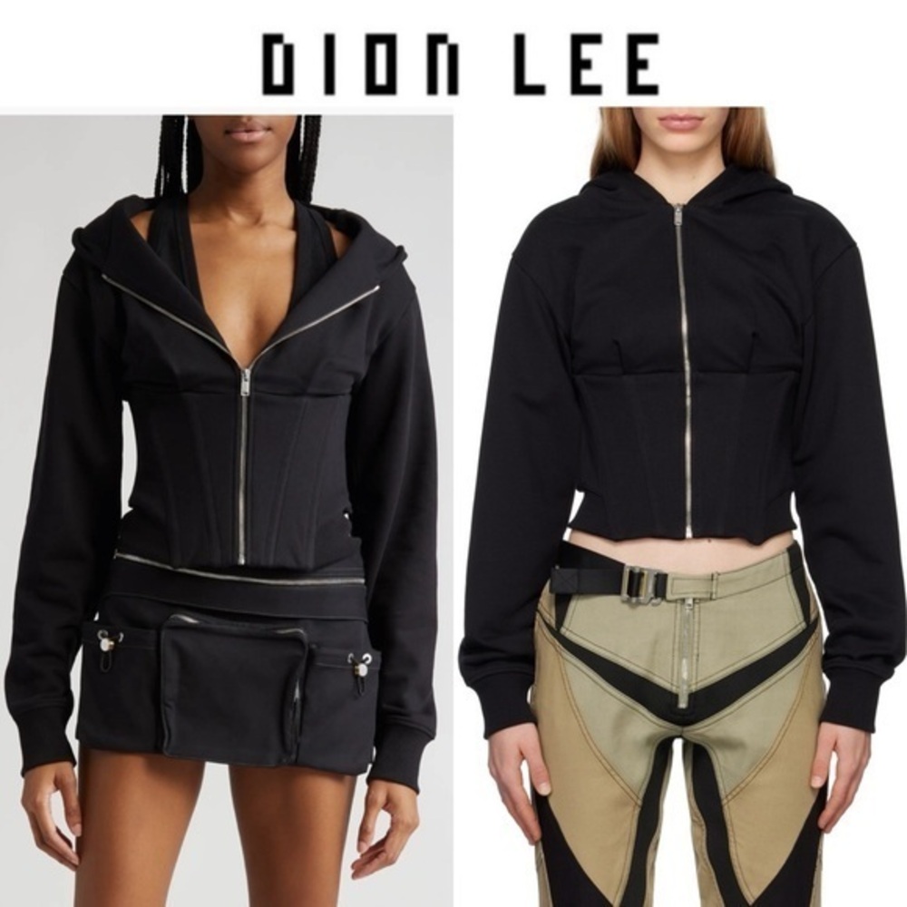 Dion Lee Black Corset Detail Layered Hoodie Zip-Up US 6 NWT 650$